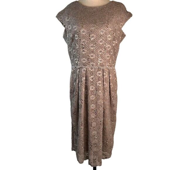 Alex Evenings Womens 14 Champagne Silver Sequin Lace Knee Length Cocktail Dress - Picture 1 of 9